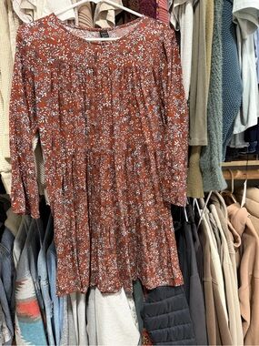 SHEIN Rust Floral Long-Sleeve Tiered Dress